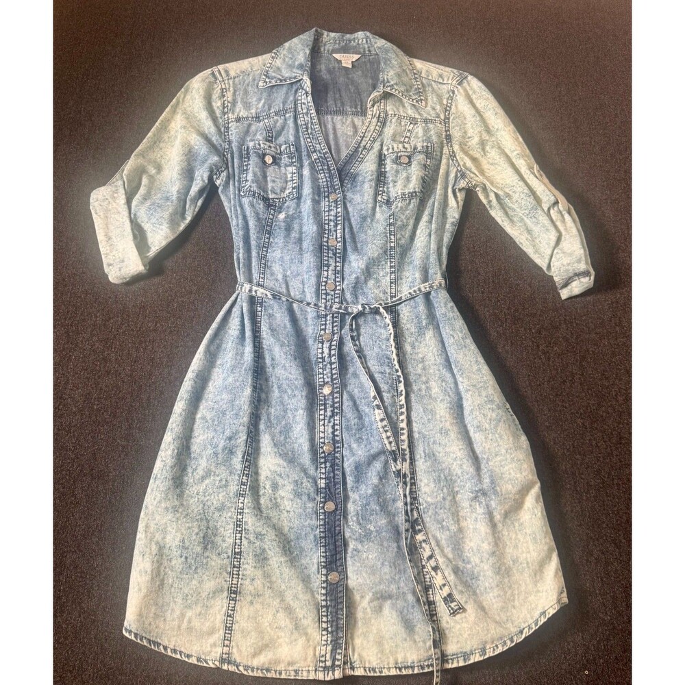 GUESS 1981 Acid Washed Belted Dress Button Front Western Vibe Denim Roll Sleeves